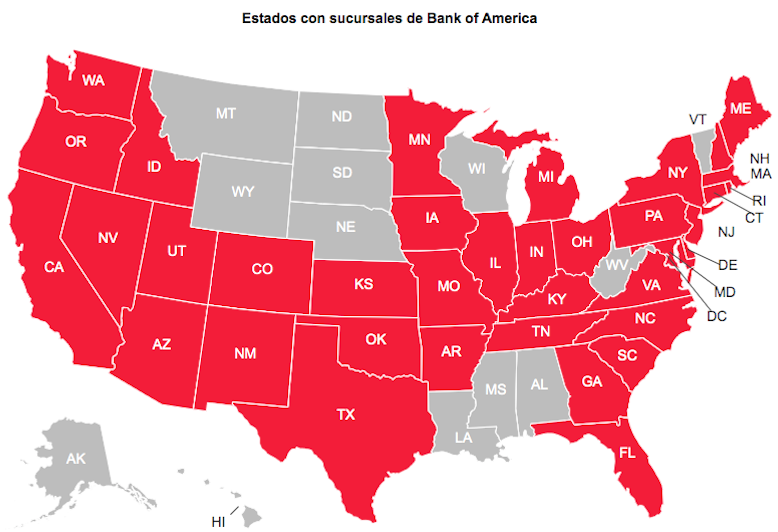 Mapa de sucursales de Bank of America y servicio al cliente, muchas de ellas con servicio en español.