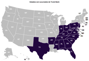 Mapa con estados en los que Truist Bank tiene sucursales.