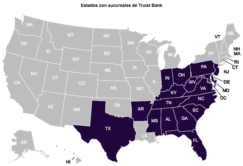 Estados con sucursales del banco Truist.