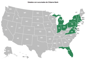 Mapa con sucursales de Citizens Bank.