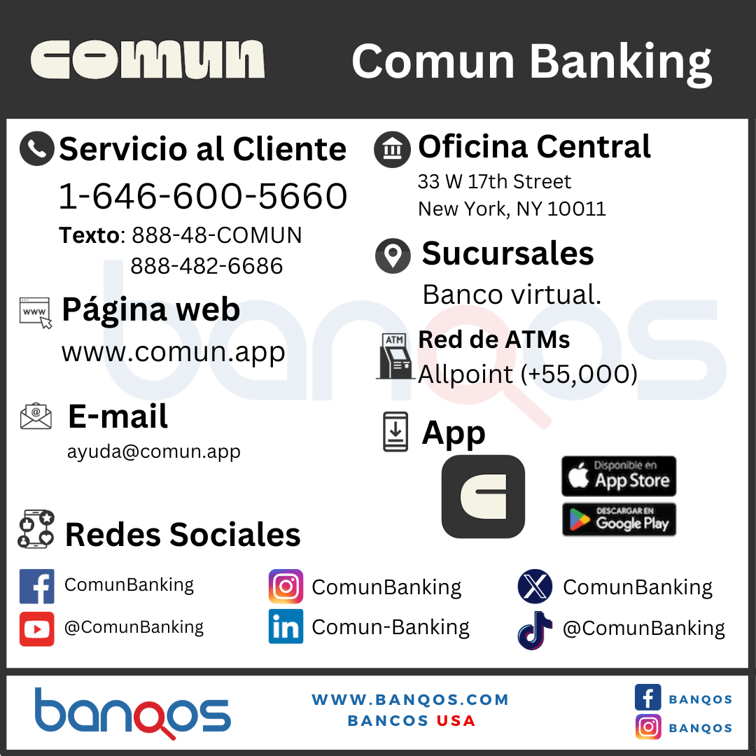 Infografía de la cuenta bancaria y tarjeta de Comun con ITIN y su servicio al cliente.